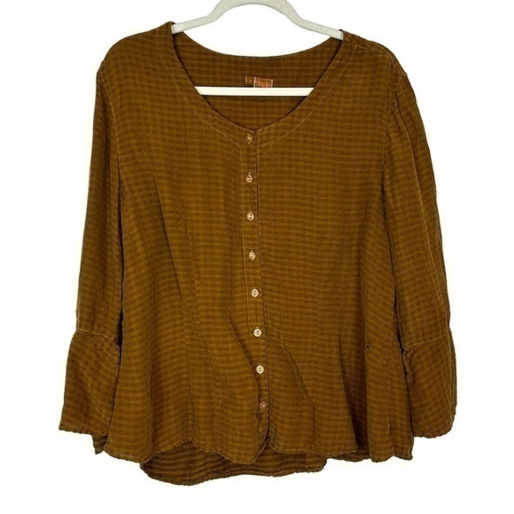 Tianello Blouse Womens Small Boho Button up 3/4 Long Sleeves rayon Relaxed Flowy